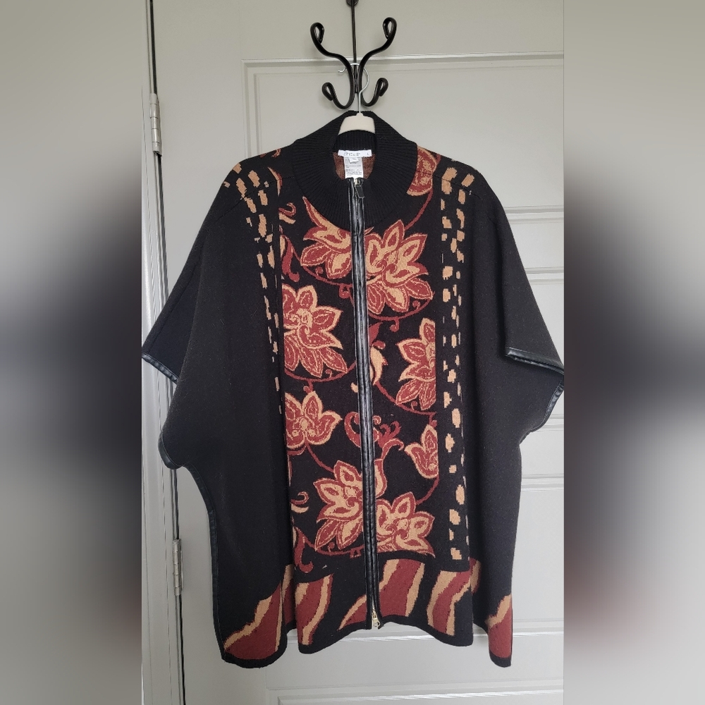 Chico's Black Floral Zip-Front Poncho Jacket